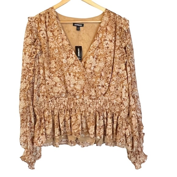 NWT‎ Express Fall Mustard Yellow Floral Flowy Shirt Boho Bohemian - Picture 1 of 6